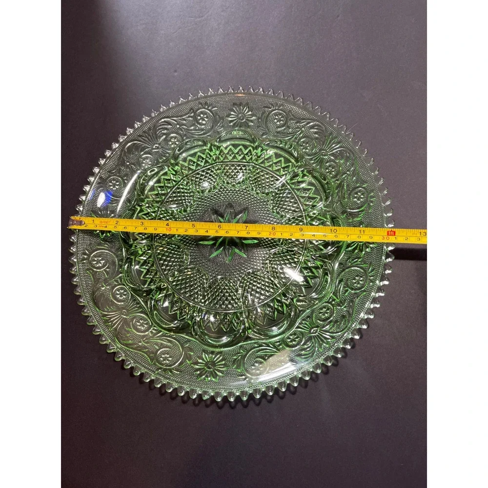 Vintage Green Depression Glass Tiara Sandwich Pattern Platter Scalloped 12 Inch